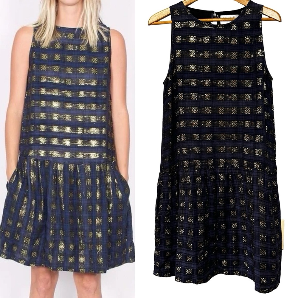 Ace & Jig Navy Gold Metallic Plaid Drop Waist Dress Large Sleeveless Textured